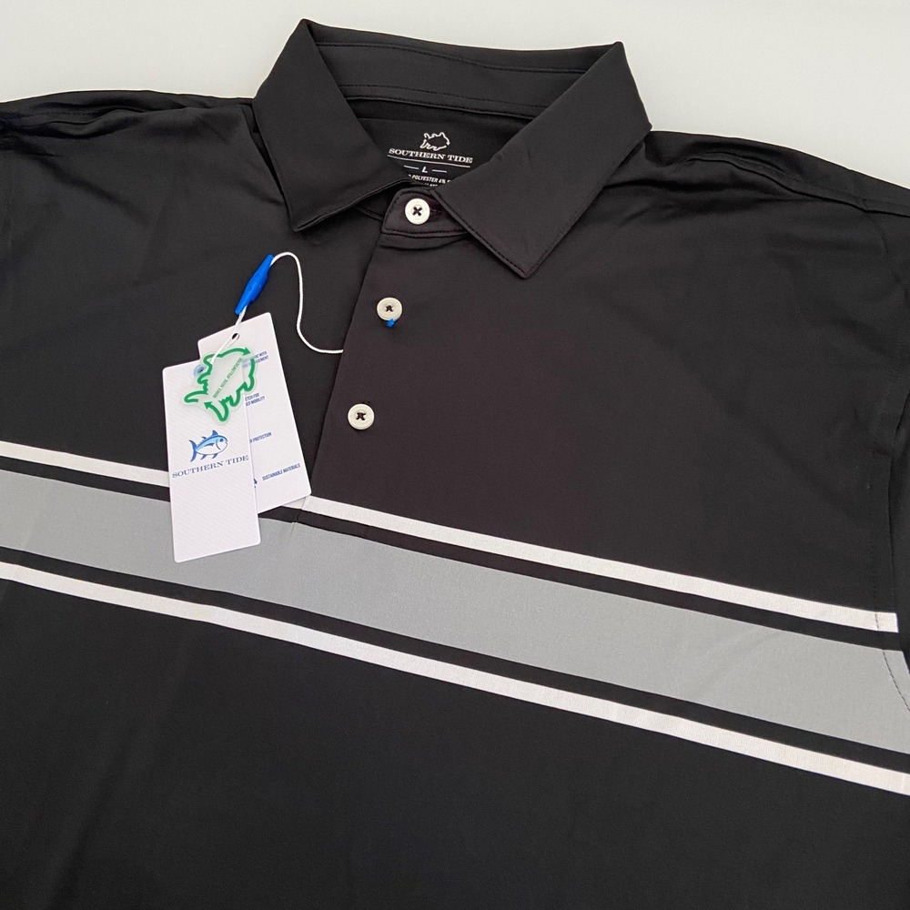Southern Tide Mens L Polo Shirt Quick-Dry Moisture Wicking Stripe Golf Black NEW